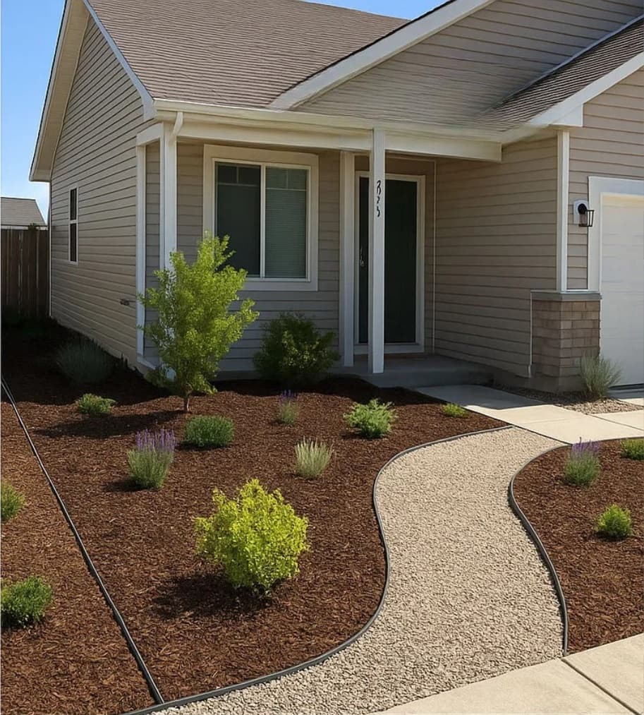 Renovated front yard with a curved path through dense mulch beds and fresh plantings